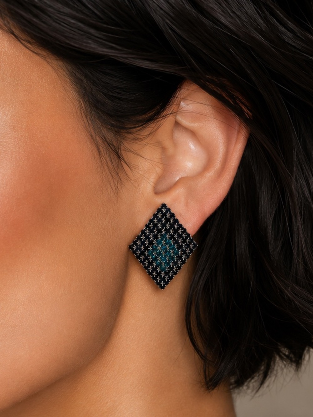 Black and Teal Square Crustal Stud Earrings - Women Jewelry